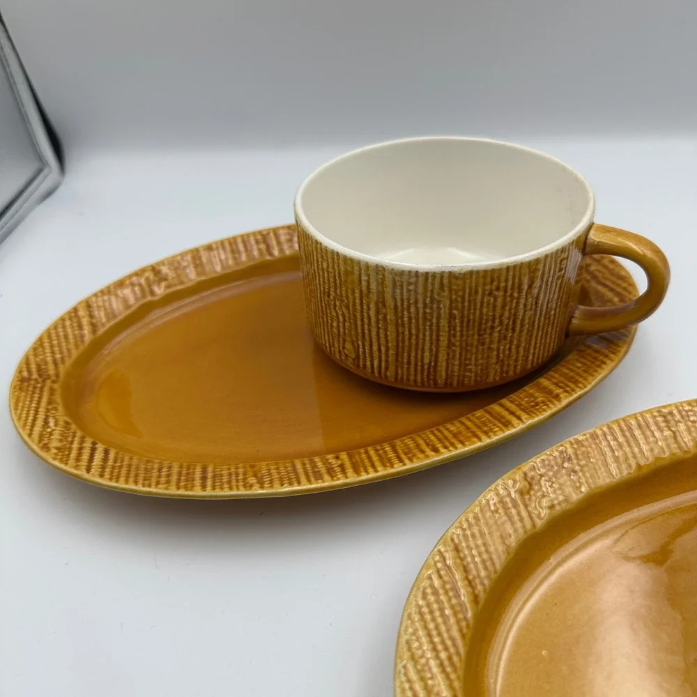 Vintage SECLA Portugal Snack Plate and Cup Set Golden Brown Ceramic Set of 2‎